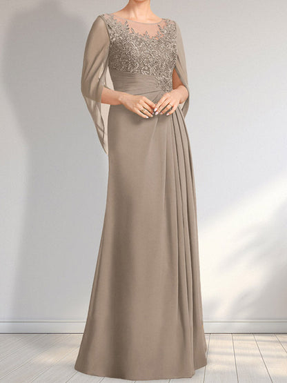 Vestido de gasa con encaje, ilusión, corte A, largo hasta el suelo, para madre de la novia con lentejuelas plisadas