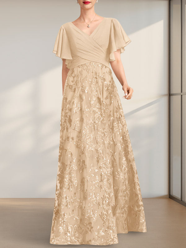 Vestido de madre de la novia de gasa con lentejuelas, encaje, escote en V y largo hasta el suelo, con pliegues