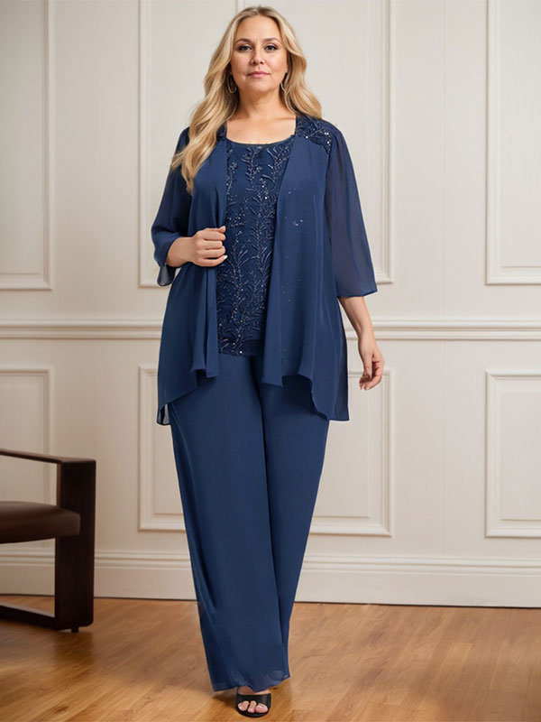 Vestido de madre de la novia de gasa con encaje, largo hasta el suelo, con lentejuelas y mono/pantalón separado