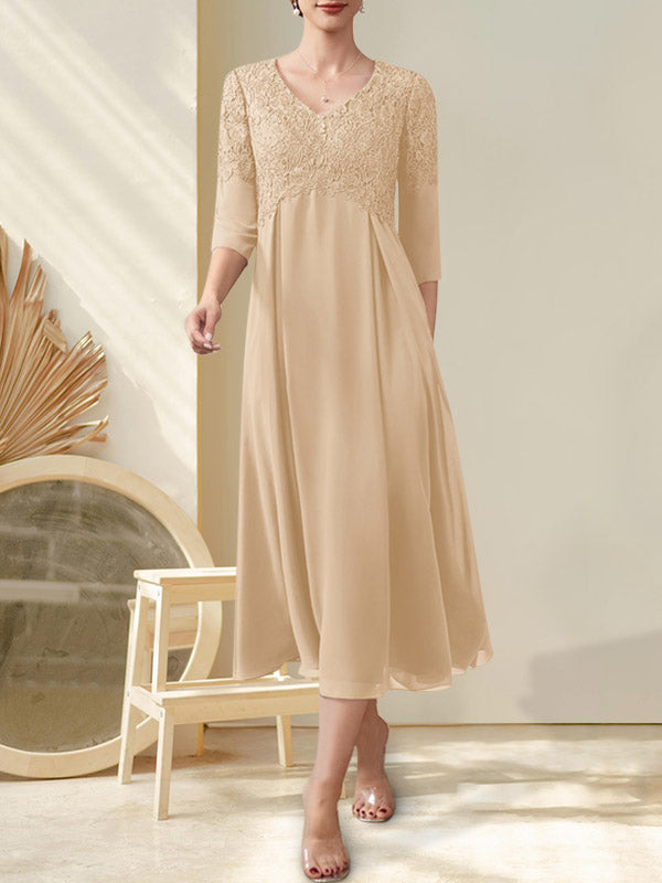 Vestido de gasa con encaje y escote en V, largo hasta la rodilla, para madre de la novia con cuentas