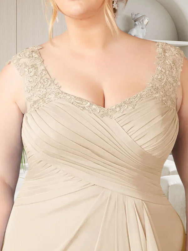 Champagnerfarbenes A-Linien-Kleid mit herzförmigem Ausschnitt und plissiertem Netzstoff