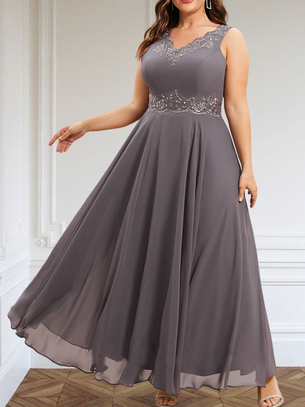 Vestido de gasa para madre de la novia, corte A, escote en V, largo hasta los tobillos, con apliques de lentejuelas, encaje y cuentas