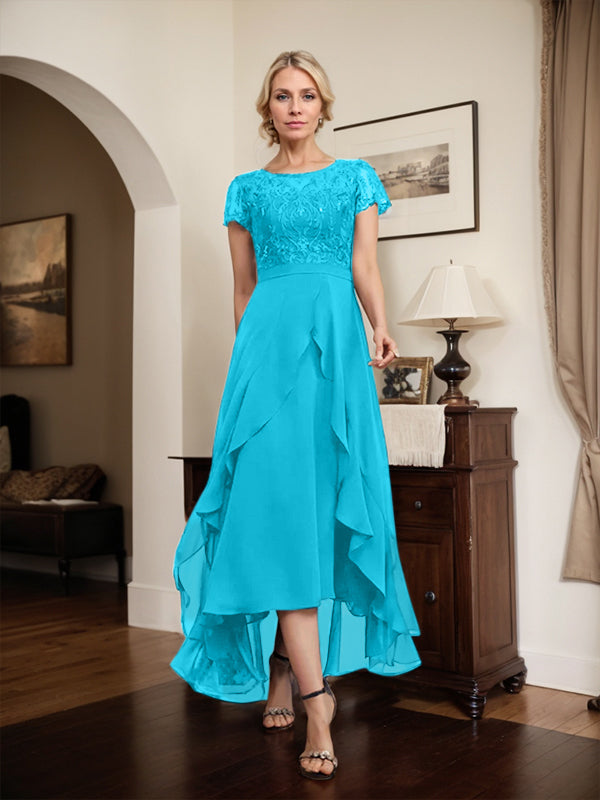 Vestido de madre de la novia de gasa asimétrica con escote en A, ilusión, encaje, lazo, volante y lentejuelas
