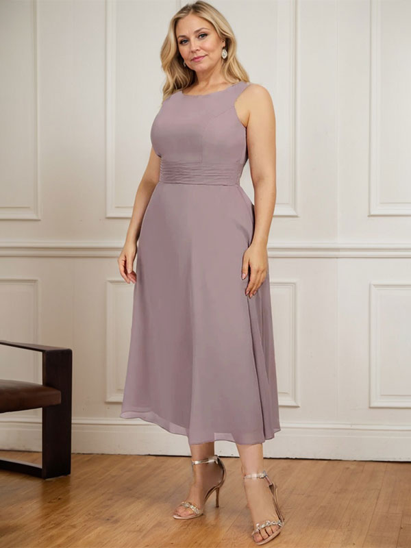 Vestido de gasa para madre de la novia con corte en A, escote redondo y largo hasta la rodilla con pliegues