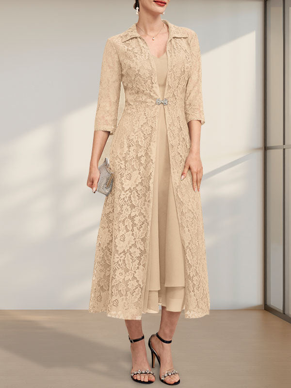 Vestido de gasa para madre de la novia con escote en V y corte A hasta la rodilla