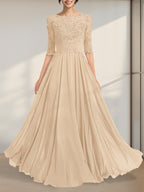 Vestido de gasa de encaje con escote en A y ilusión hasta el suelo para madre de la novia con lentejuelas plisadas