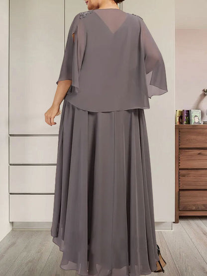 A-Linien-Kleid mit V-Ausschnitt, asymmetrischem Chiffon für die Brautmutter mit Perlen und Pailletten