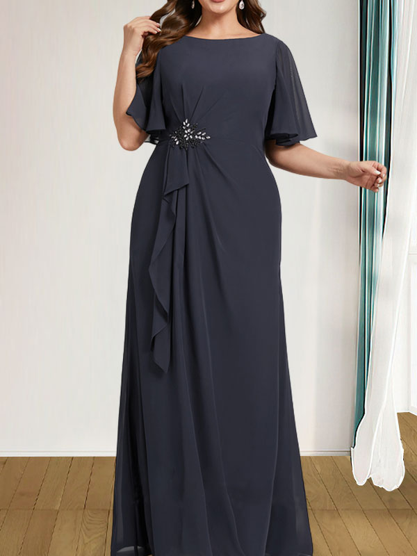 Vestido de gasa para madre de la novia, corte A, escote redondo, largo hasta el suelo, con volantes en cascada, cuentas y lentejuelas