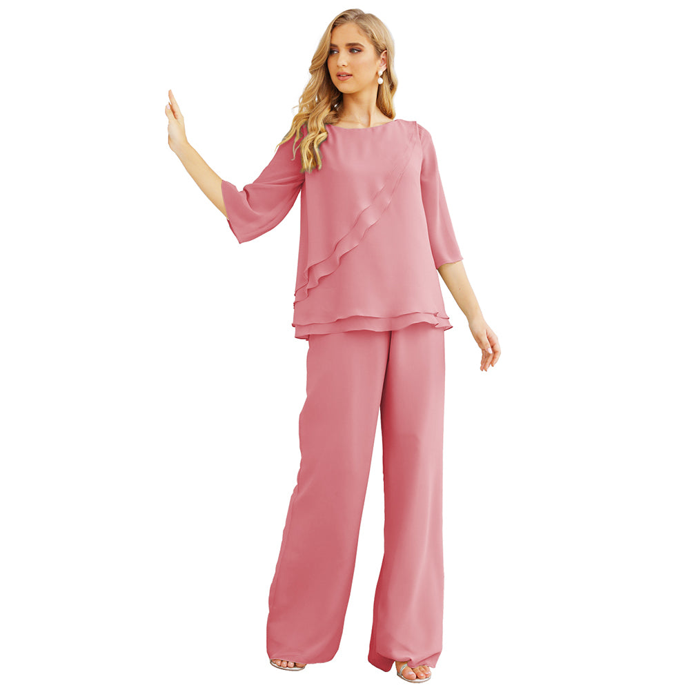 Sunnderly Chiffon Mother of The Bride Dress Plus Size Pant Suits Ruffle Layers