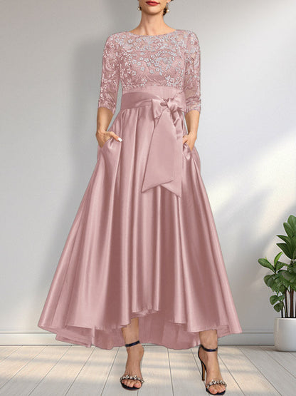 A-line Scoop Illusion Asymmetrical Satin Lace Mother of the Bride Dress With Bow