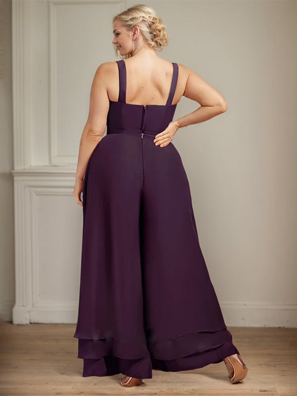 Vestido de madre de la novia de gasa con encaje y lentejuelas, largo hasta los tobillos, con mono/pantalón separado