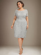 Vestido de gasa con encaje y cuentas para madre de la novia, largo hasta la rodilla, con escote redondo y corte columna