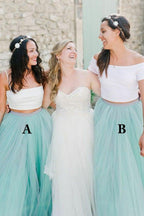 Vestido de dama de honor de dos piezas con tirantes finos y cola larga en tul color menta BD082