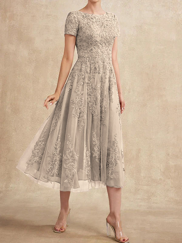 Vestido de madre de la novia de tul con encaje y corte en A, largo hasta la rodilla