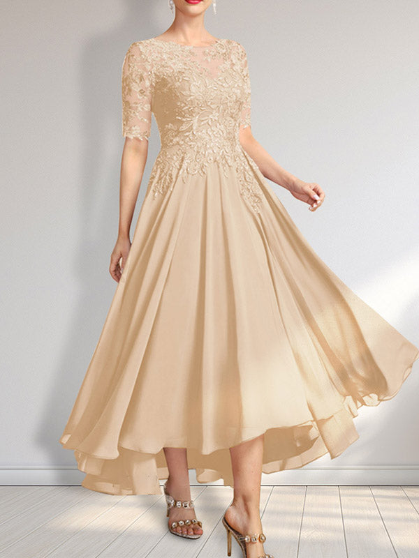 Vestido de madre de la novia de gasa asimétrica con encaje, ilusión, corte A y lentejuelas