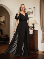 Vestido de noche de gasa con escote en V y largo hasta el suelo, tipo mono/pantalón