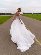 Sheer Neck with Heavy Crystals Long Sleeves White Wedding Dress Organza and Tulle A-line Bling Bridal Dress-payinti