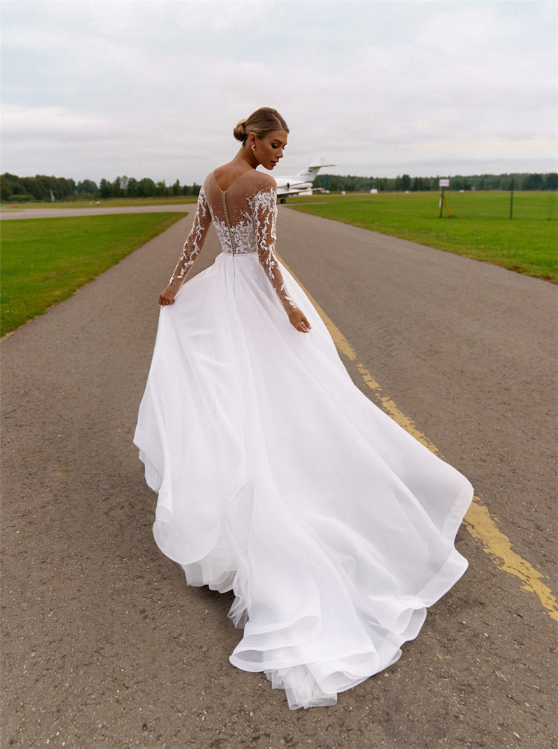 Sheer Neck with Heavy Crystals Long Sleeves White Wedding Dress Organza and Tulle A-line Bling Bridal Dress-payinti