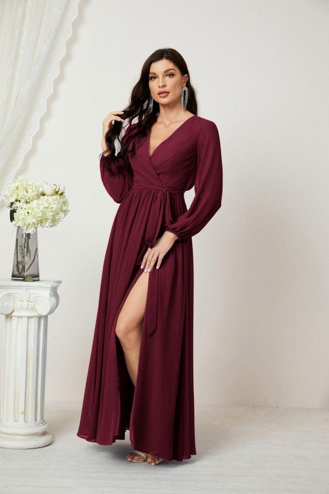 Vestidos de noche Sunnderly con escote en V profundo, gasa, para dama de honor, manga larga de obispo, abertura lateral, vestido formal SY2806 