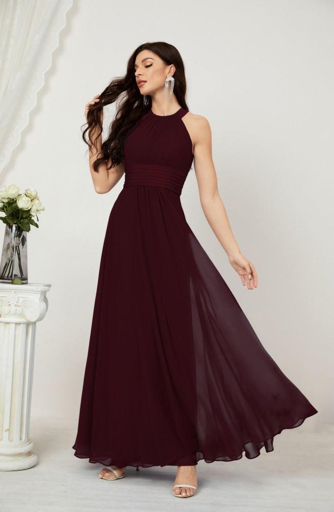 Vestido formal de fiesta Sunnderly de gasa con cuello halter, largo y sin mangas, para dama de honor SY2802 