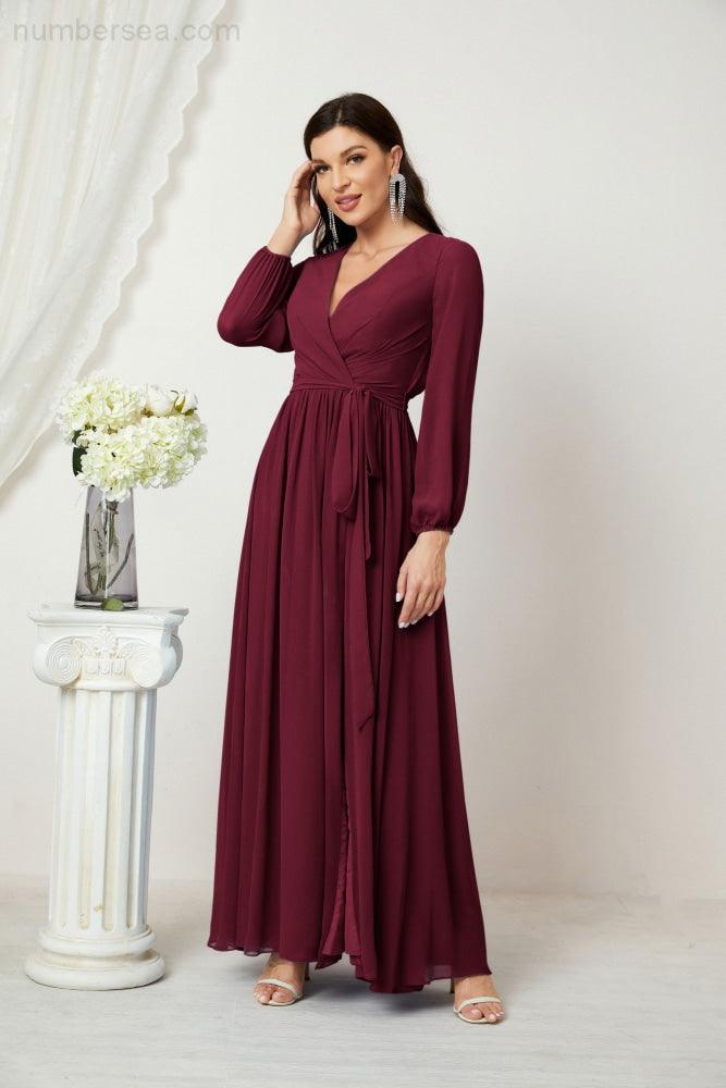 Vestidos de noche Sunnderly con escote en V profundo, gasa, para dama de honor, manga larga de obispo, abertura lateral, vestido formal SY2806 