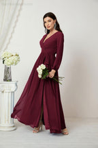 Vestidos de noche Sunnderly con escote en V profundo, gasa, para dama de honor, manga larga de obispo, abertura lateral, vestido formal SY2806 