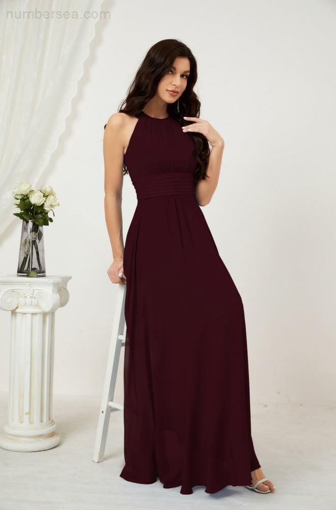 Vestido formal de fiesta Sunnderly de gasa con cuello halter, largo y sin mangas, para dama de honor SY2802 