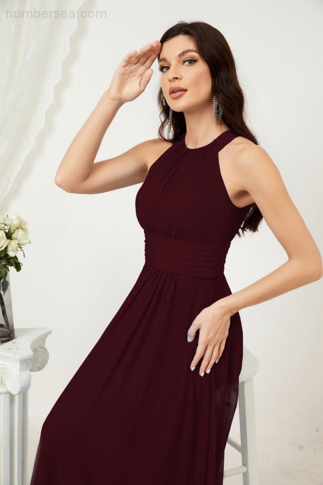 Vestido formal de fiesta Sunnderly de gasa con cuello halter, largo y sin mangas, para dama de honor SY2802 