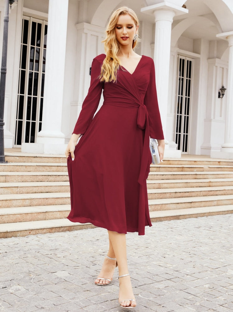 Vestido de dama de honor con escote en V y cinturón para madre de la novia, invitada de boda SY28031 