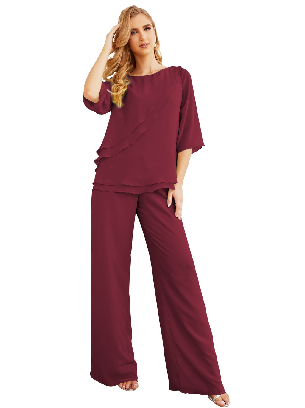 Elegante vestido de dos piezas para madre de la novia, talla grande, pantalón, capas con volantes, bata plateada SY28064 