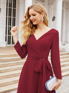 Vestido de dama de honor con escote en V y cinturón para madre de la novia, invitada de boda SY28031 