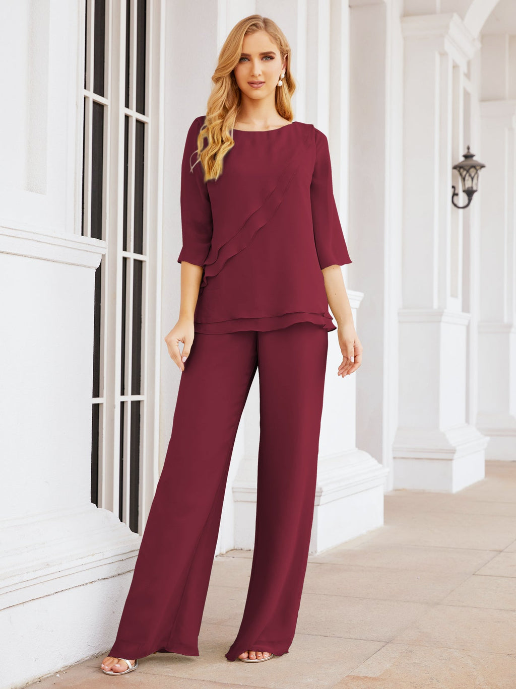 Elegante vestido de dos piezas para madre de la novia, talla grande, pantalón, capas con volantes, bata plateada SY28064 