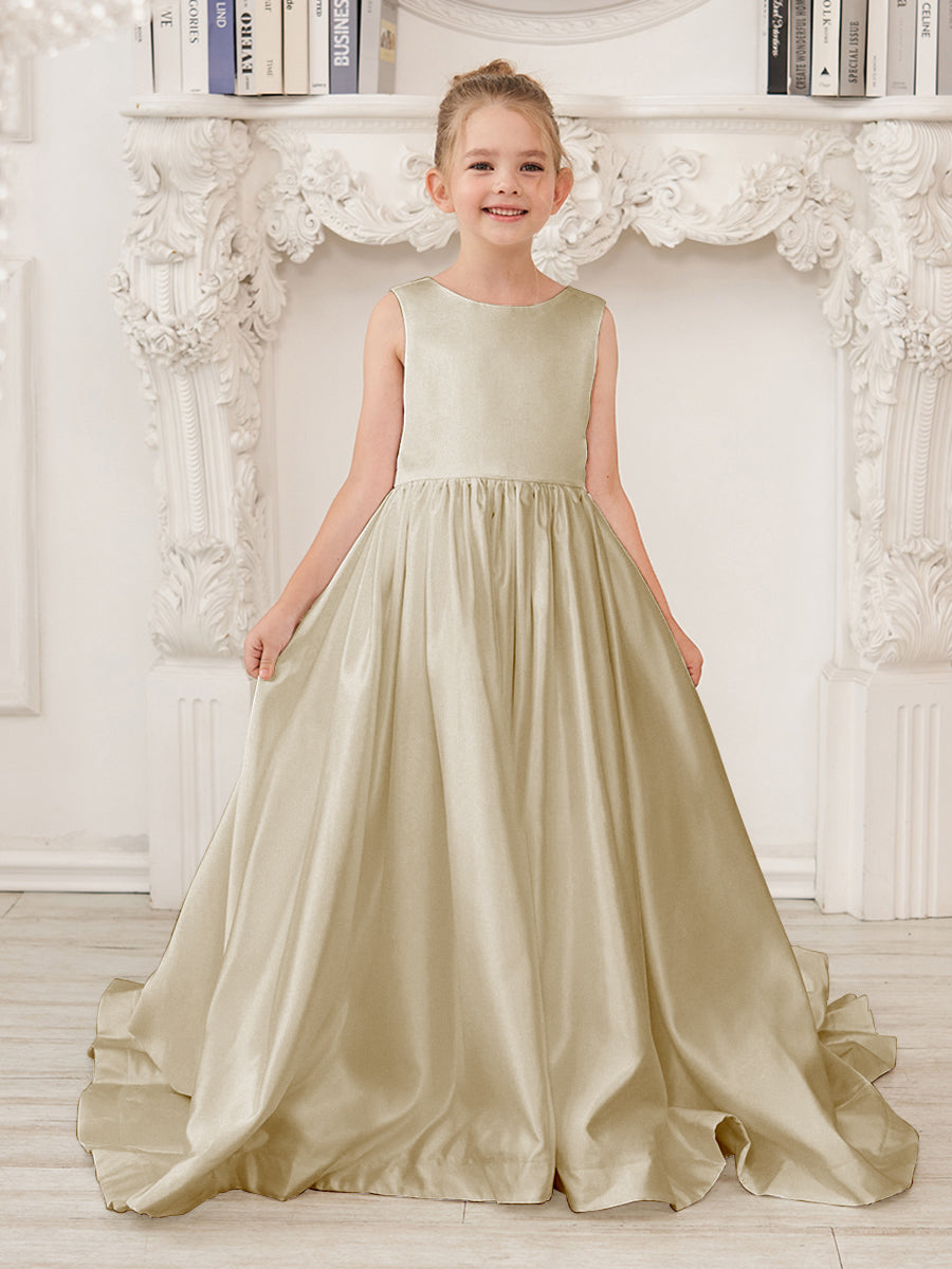 Vestido de niña de las flores de satén sin mangas, corte princesa, con cola larga y lazo