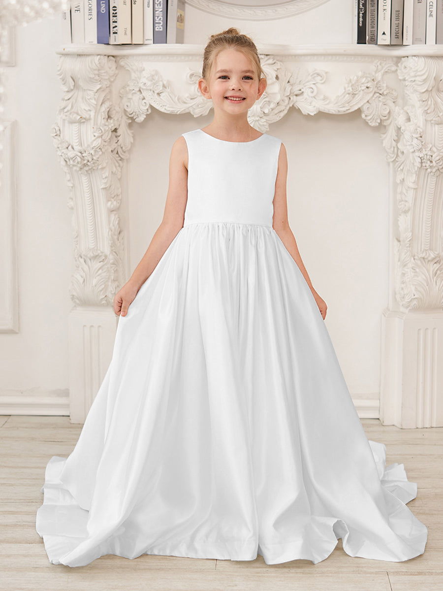 A-Linie Prinzessin Ärmelloses Satin Blumenmädchenkleid mit Schleppe und Schleife 