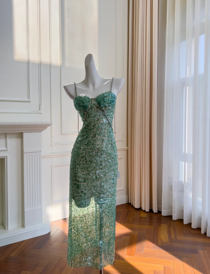 Funkelndes grünes Pailletten-Abendkleid mit Perlen, sexy Ballkleid Y8578