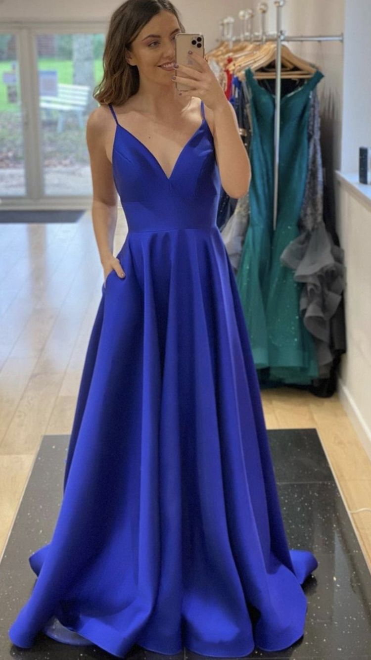 Vestido de noche de satén azul rey con escote en V y corte A, vestido de graduación Y433