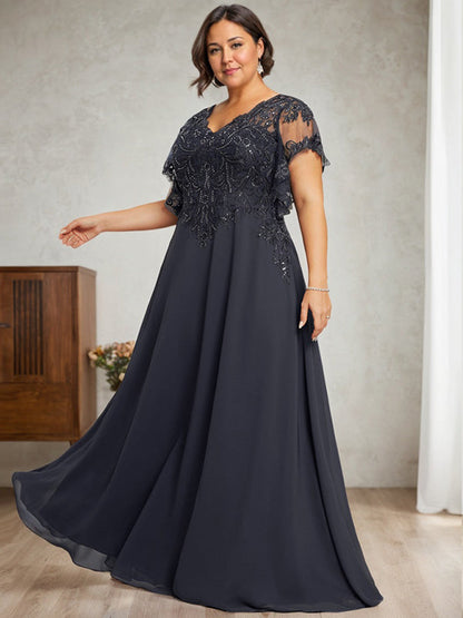 A-Linie V-Ausschnitt Bodenlanges Spitzenchiffonkleid für die Brautmutter mit Pailletten 