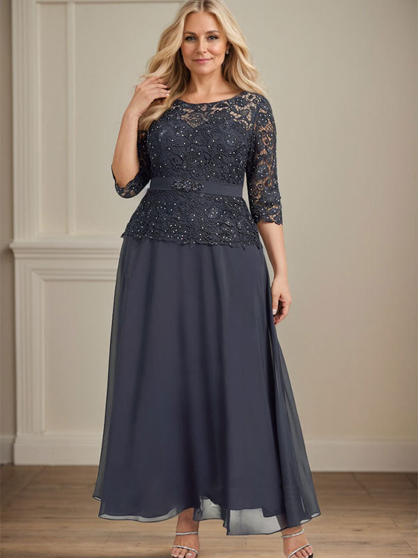 Vestido de gasa con encaje y escote en A, ilusión, largo hasta los tobillos, para madre de la novia con cuentas de diamantes de imitación