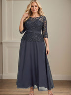 Vestido de gasa con encaje y escote en A, ilusión, largo hasta los tobillos, para madre de la novia con cuentas de diamantes de imitación