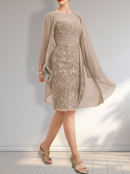 Vestido de madre de la novia de gasa con encaje, escote redondo, ilusión, largo hasta la rodilla, con volantes en cascada y lentejuelas