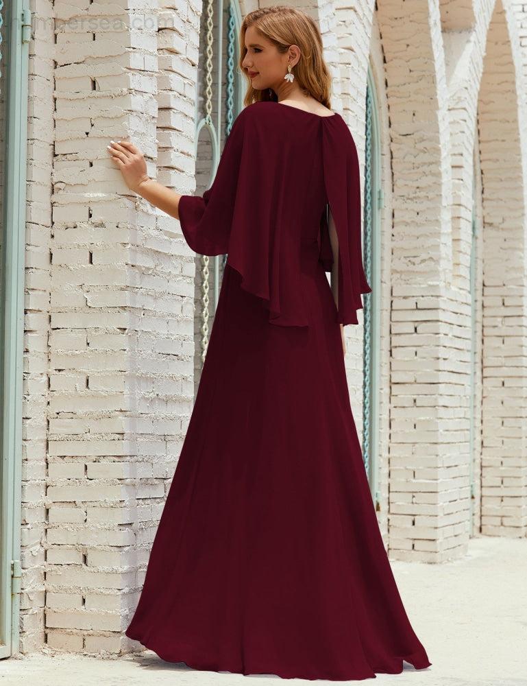 Vestido de dama de honor Sunnderly para mujer, de gasa, manga larga y cuello en V, vestido formal para boda o fiesta SY28018 