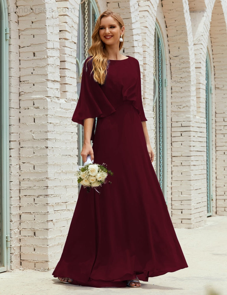 Vestido de dama de honor Sunnderly para mujer, de gasa, manga larga y cuello en V, vestido formal para boda o fiesta SY28018 