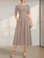 Vestido de gasa para madre de la novia, corte A, escote redondo, largo hasta la rodilla, con apliques de encaje y lentejuelas