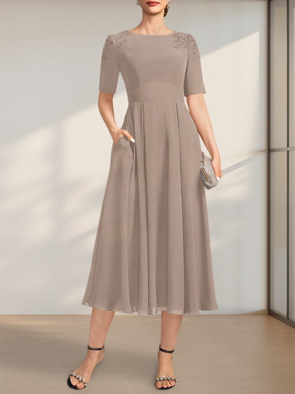 Vestido de gasa para madre de la novia, corte A, escote redondo, largo hasta la rodilla, con apliques de encaje y lentejuelas