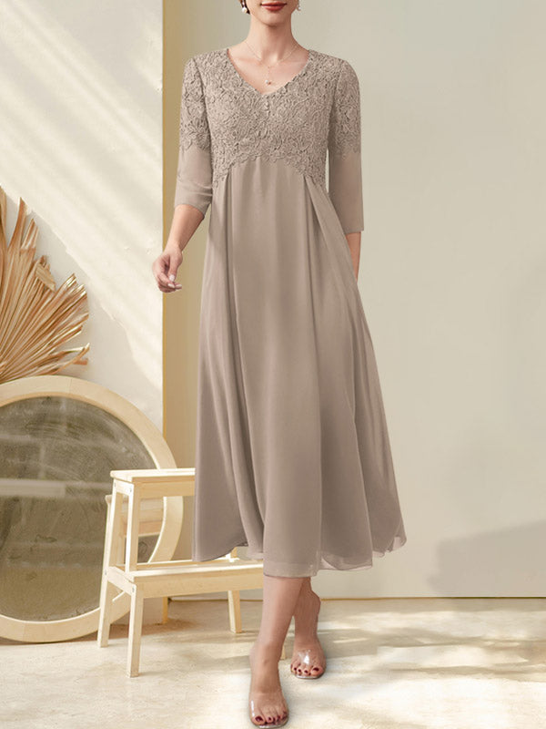 Vestido de gasa con encaje y escote en V, largo hasta la rodilla, para madre de la novia con cuentas
