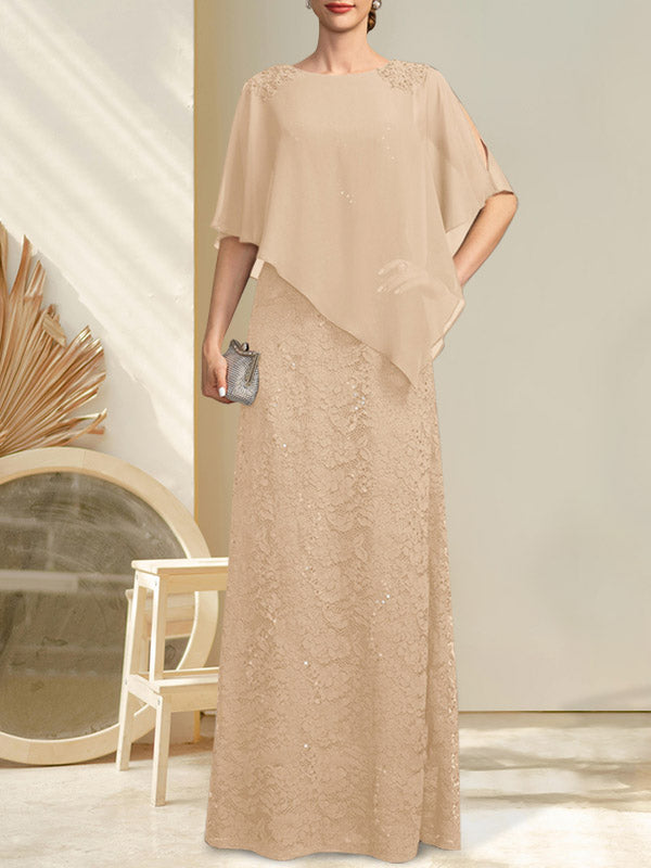 Vestido de madre de la novia de gasa con encaje, escote redondo y largo hasta el suelo, con lentejuelas y abalorios