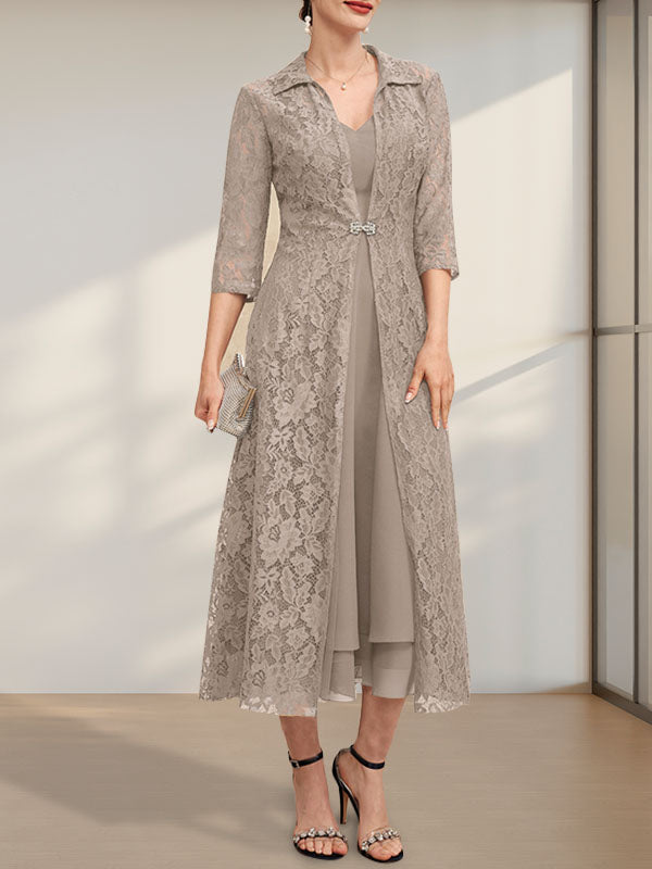A-Linie V-Ausschnitt Wadenlanges Chiffonkleid für die Brautmutter