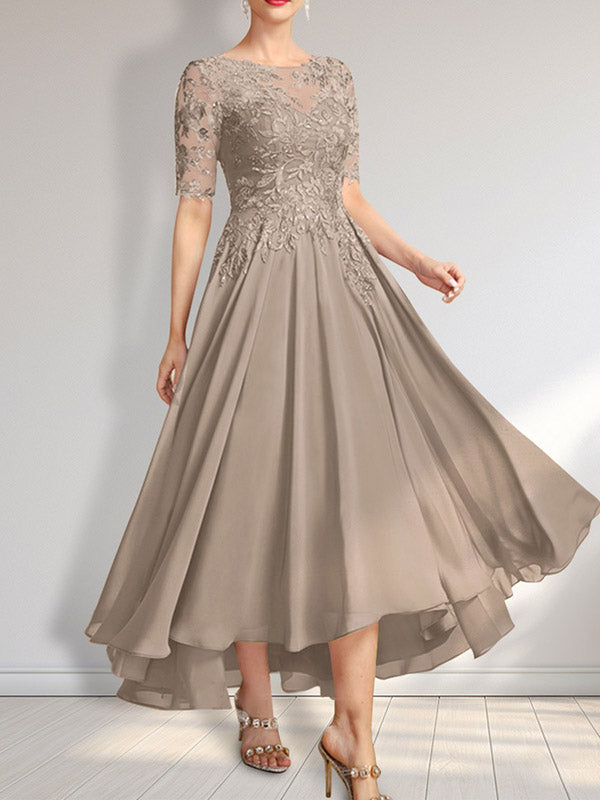 Vestido de madre de la novia de gasa asimétrica con encaje, ilusión, corte A y lentejuelas