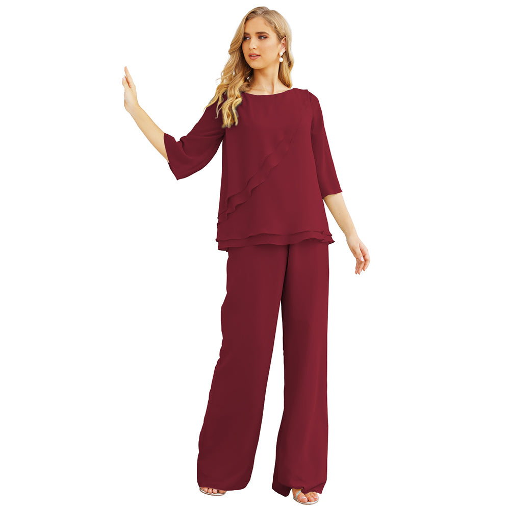 Sunnderly Chiffon Mother of The Bride Dress Plus Size Pant Suits Ruffle Layers