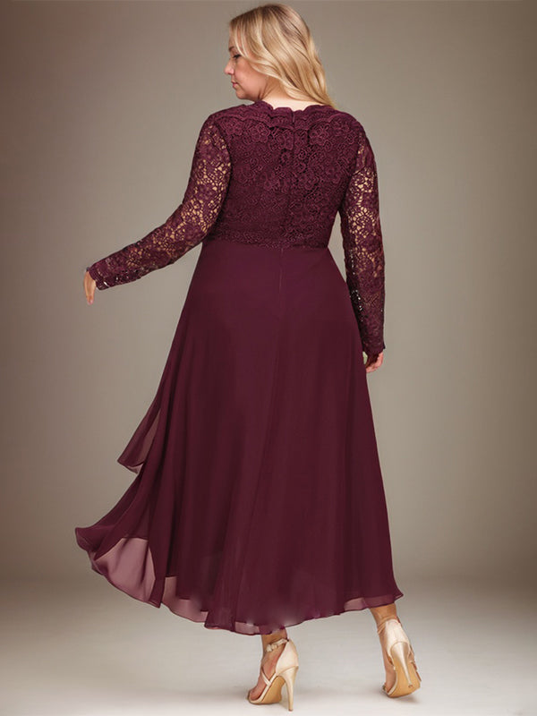 Vestido de madre de la novia de gasa con encaje asimétrico, escote en V y corte A
